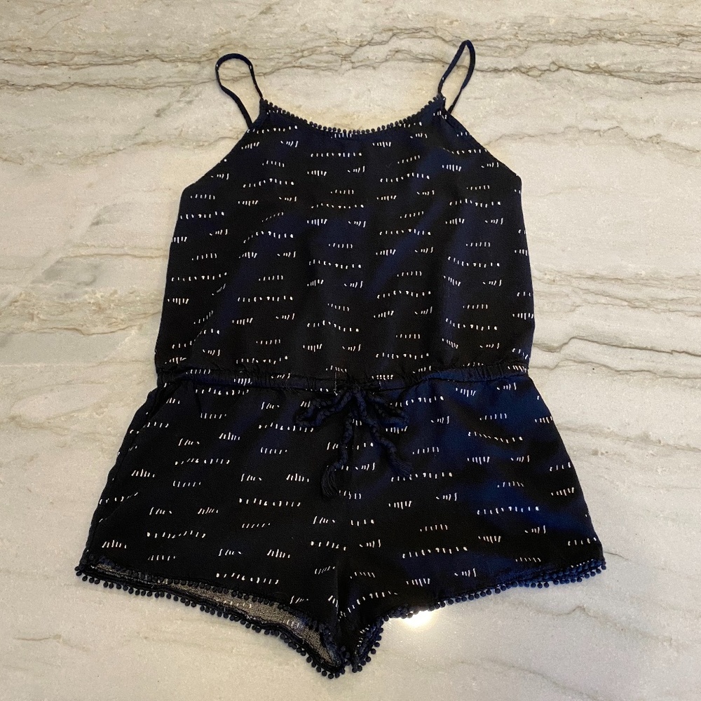 Xhilaration Sleep/Loungewear Romper Black w/ White Pattern Pom Pom Trim